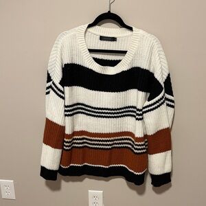 Striped Crewneck Sweater - White, Black & Brown